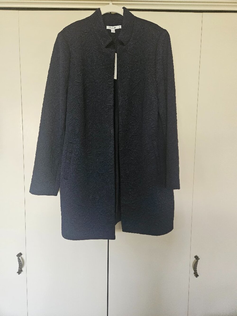 Chico's Jacquard Topper Navy Size 2 Long Coat Textured NWT